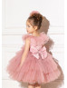 Beaded V Neck Blush Tulle Ruffle Flower Girl Dress